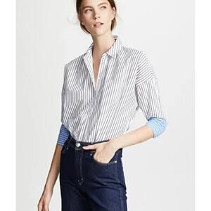 JOIE Selinde blue white foldover cuff striped button front 100% cotton shirt